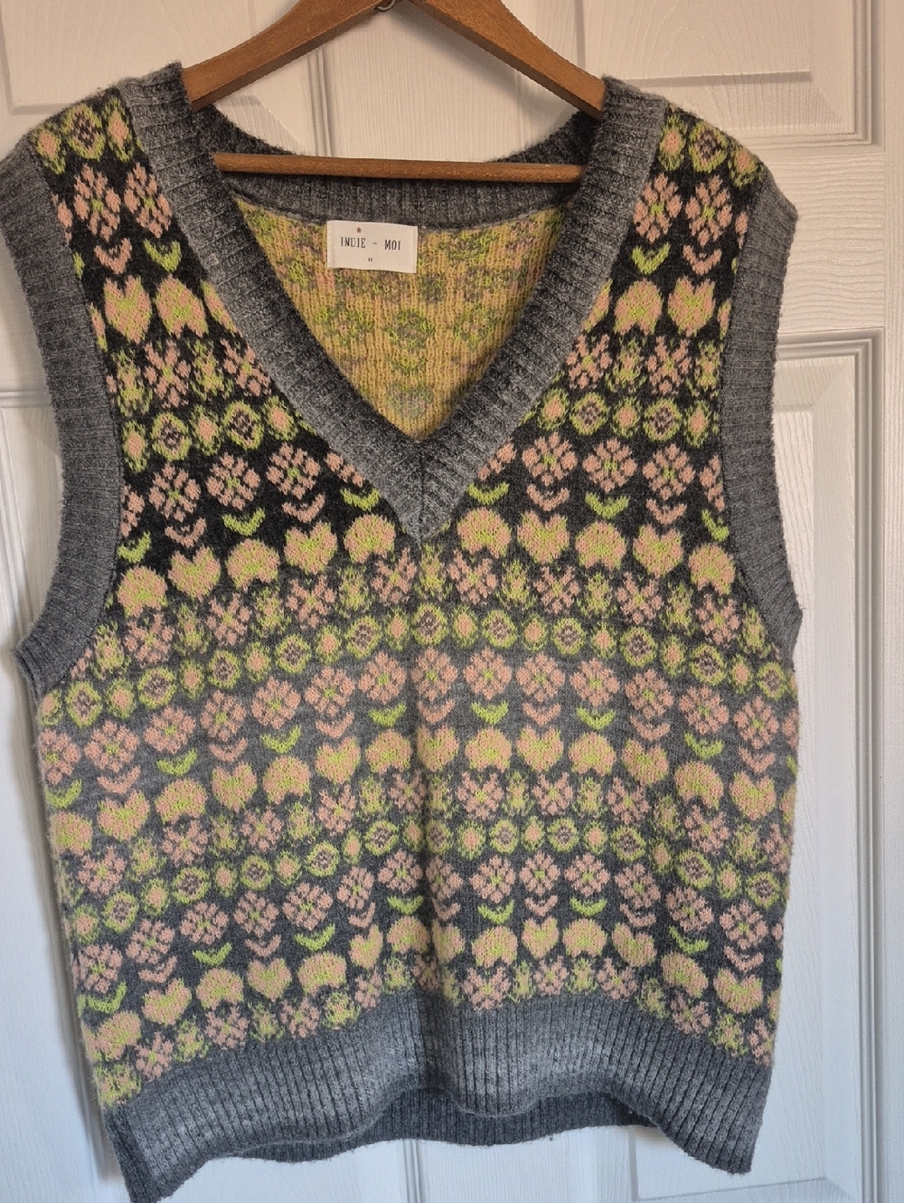 Wool Blend V-Neck Fair Isle Knit Sweater Vest in Gray, Pink & Lime